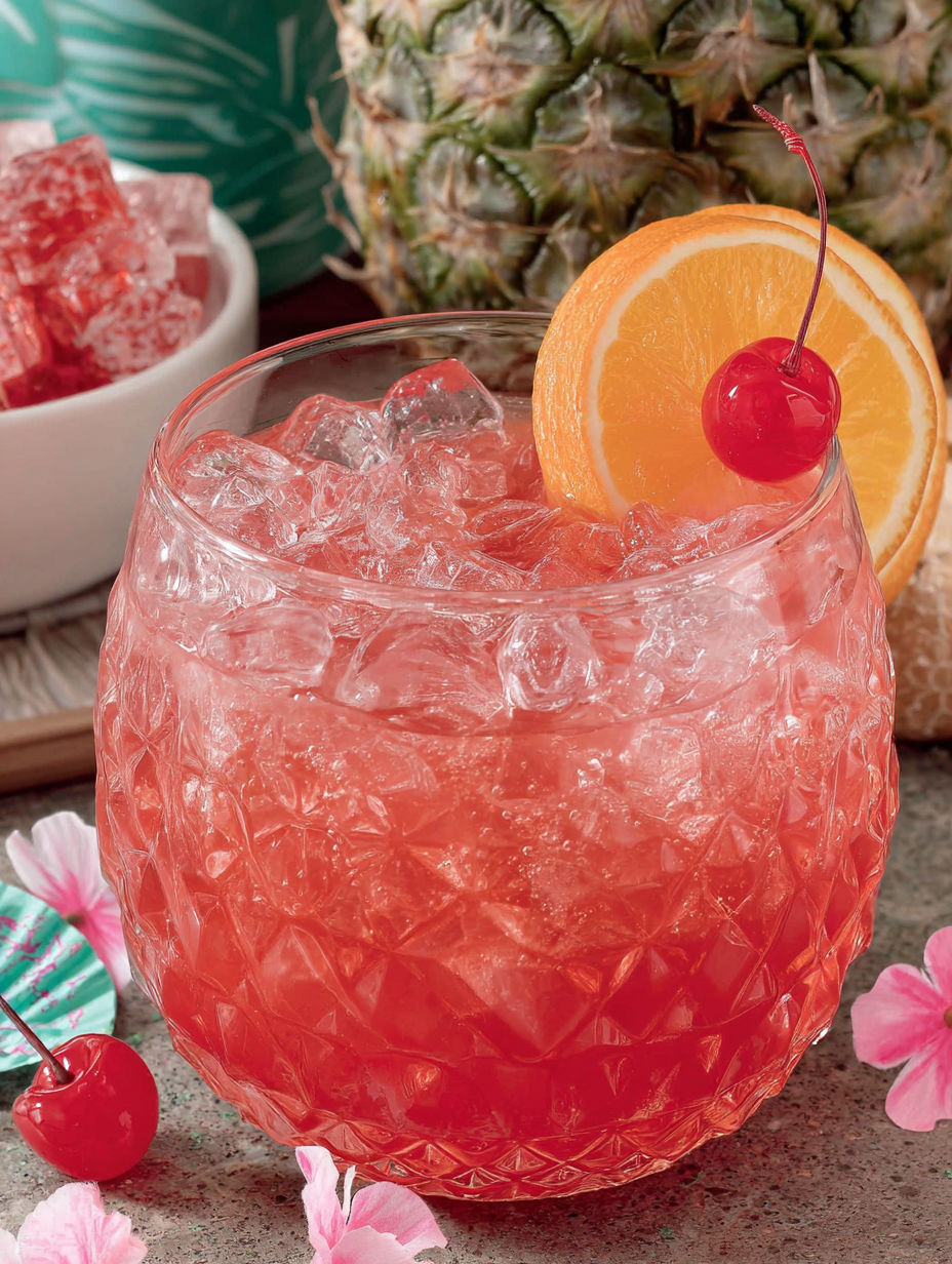 A pink drink with a cherry on top.