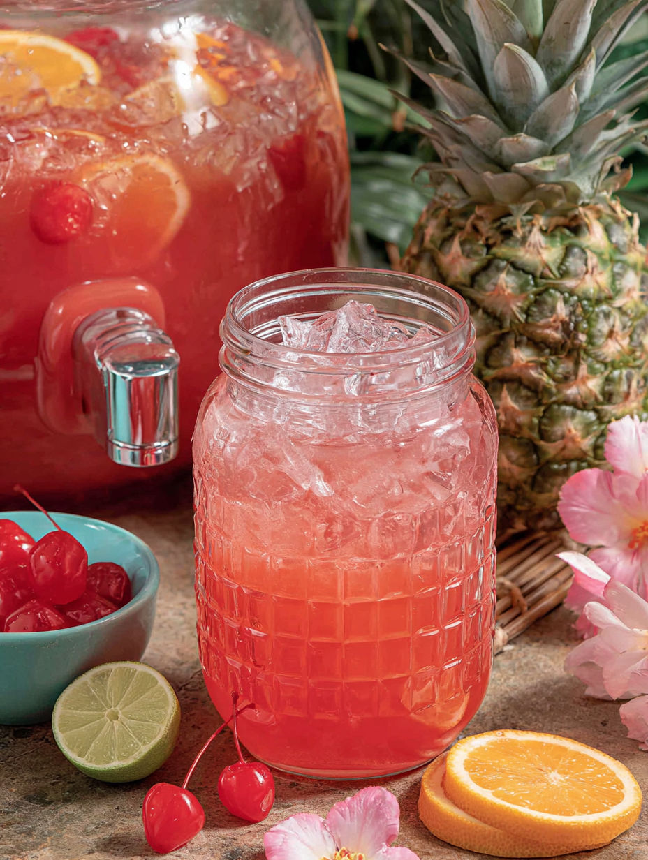 A pink drink in a glass jar with a pineapple on the side.