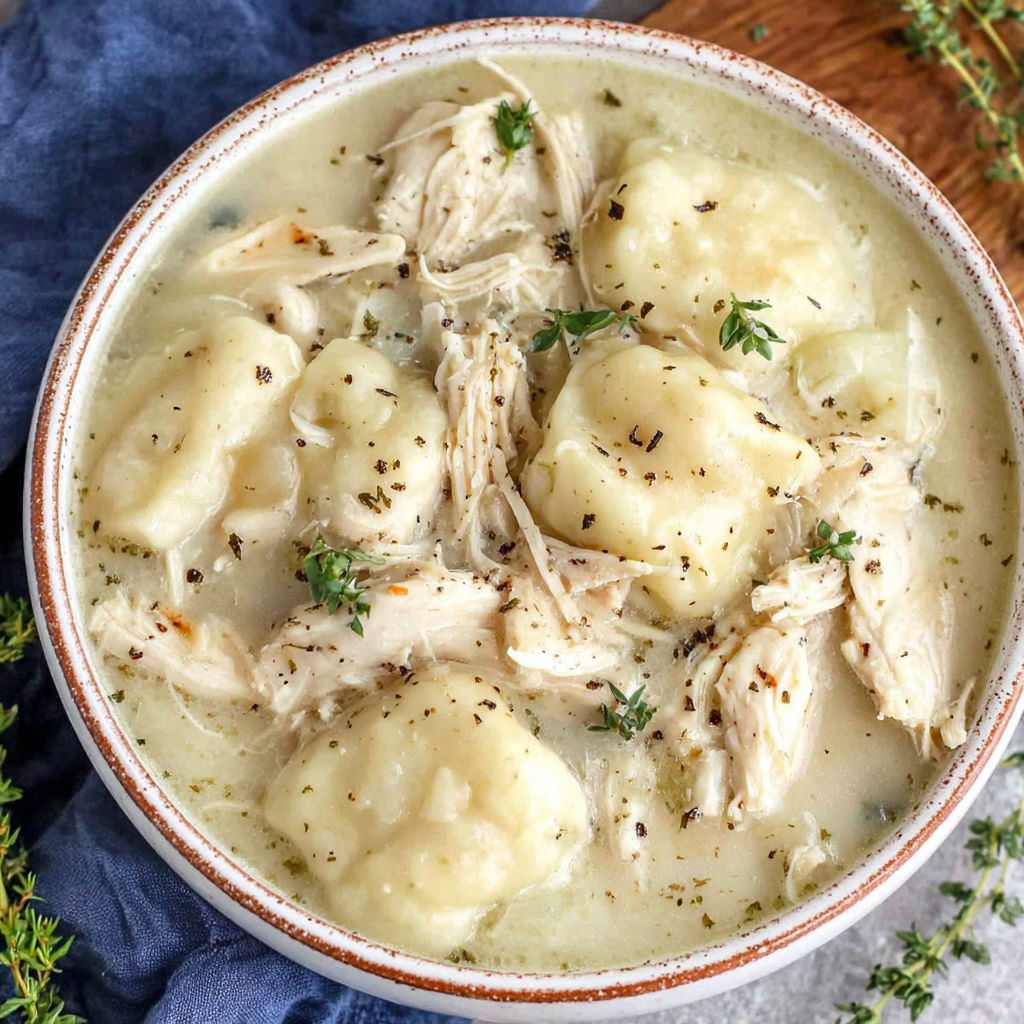 A bowl of chicken and dumplings.