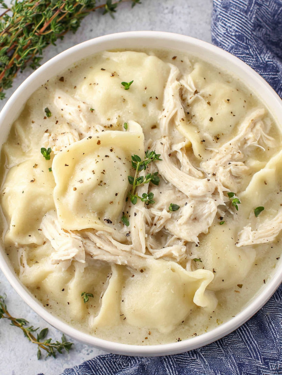 A bowl of chicken and dumplings.