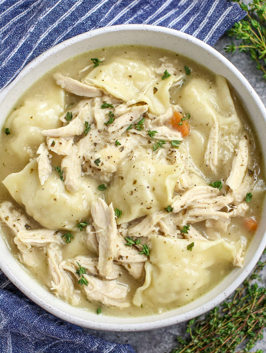 A bowl of chicken and dumplings.