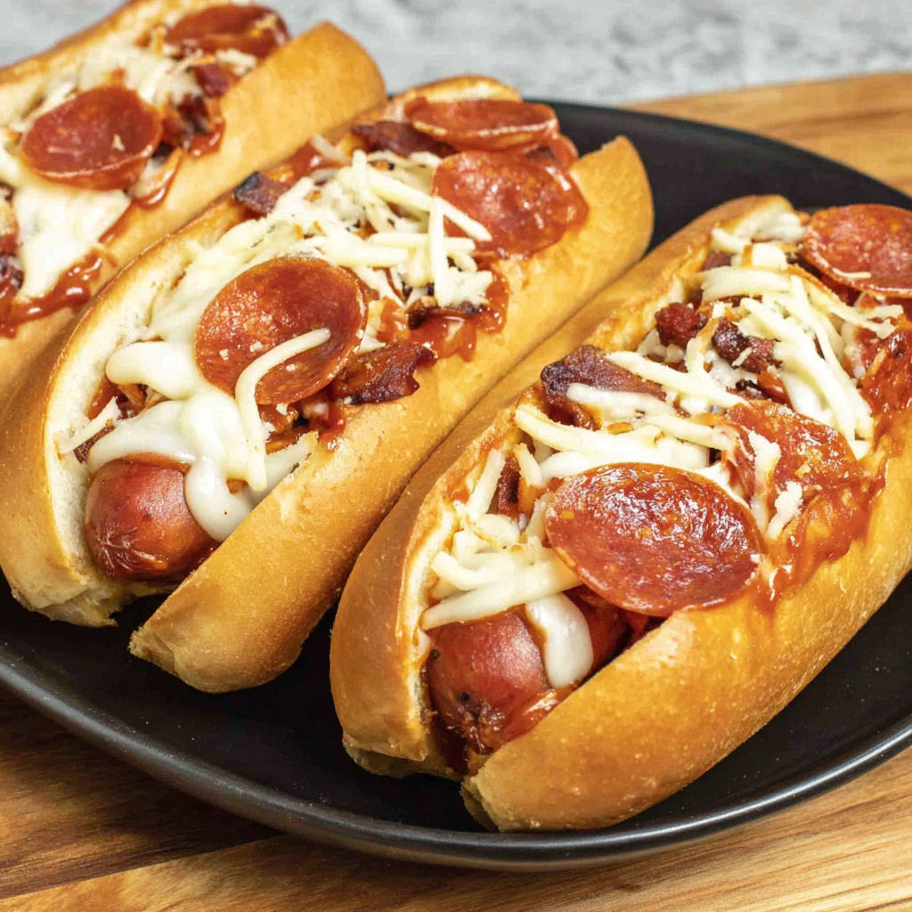 Two hot dogs with pepperoni and cheese on a black plate.