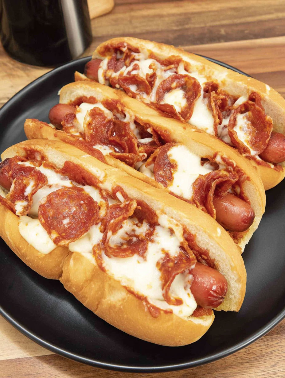 Two hot dogs with pepperoni and cheese on a black plate.