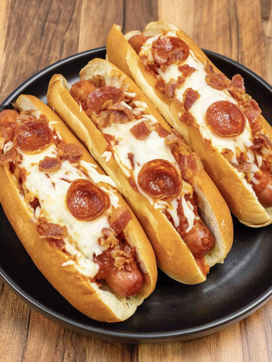 Two hot dogs with pepperoni and cheese on a black plate.