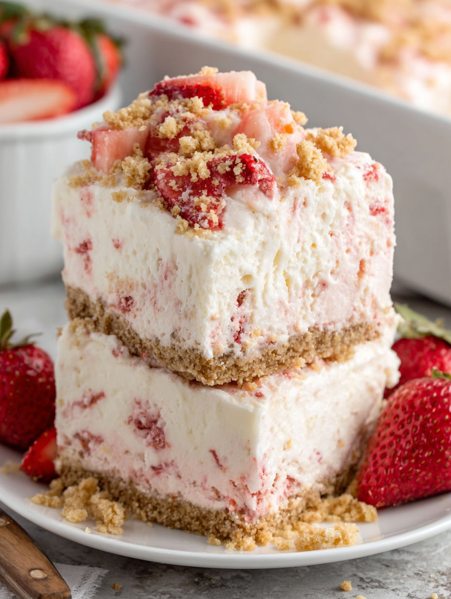 A slice of cake with strawberries on top.