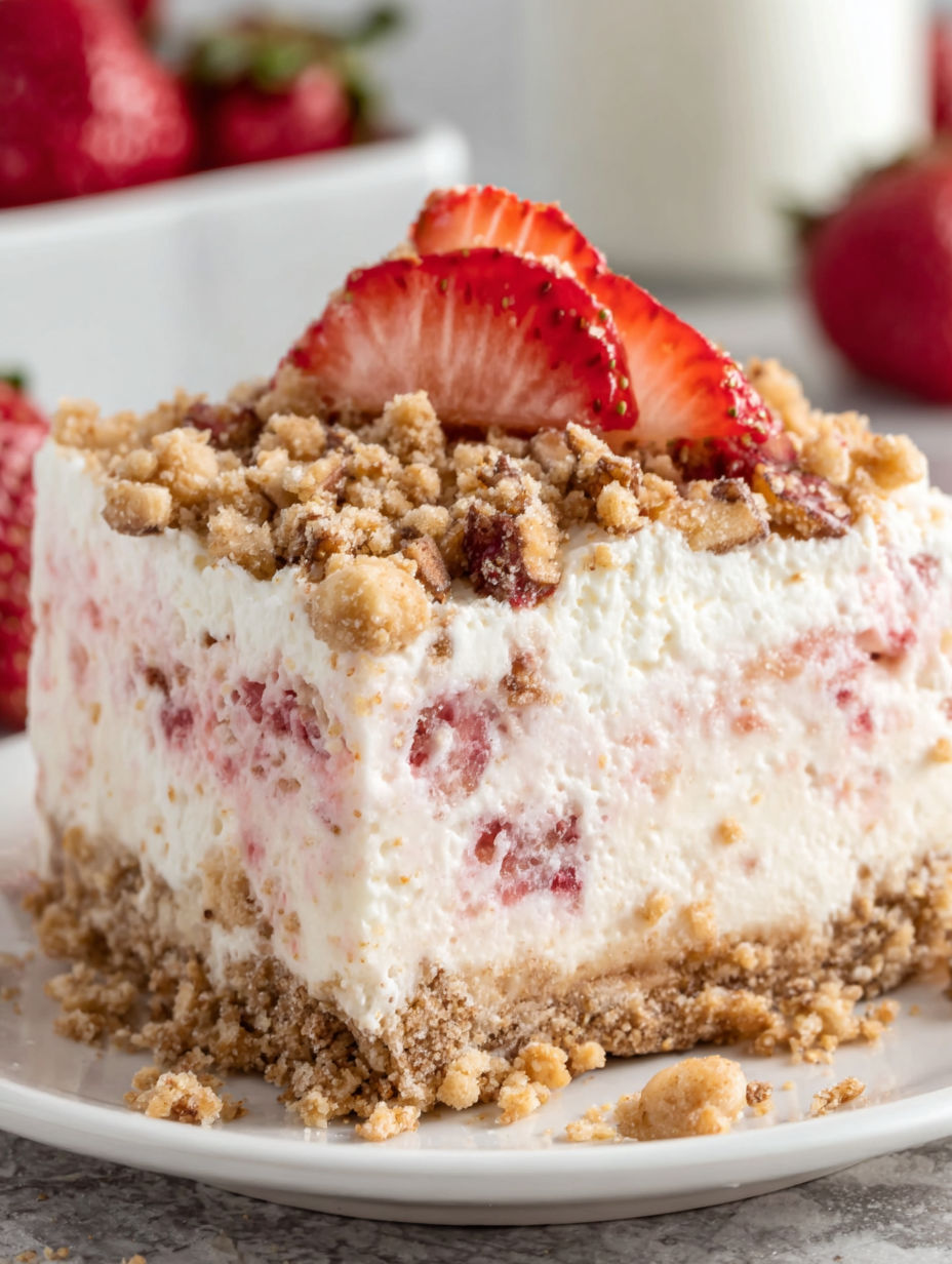 A slice of cake with strawberries on top.