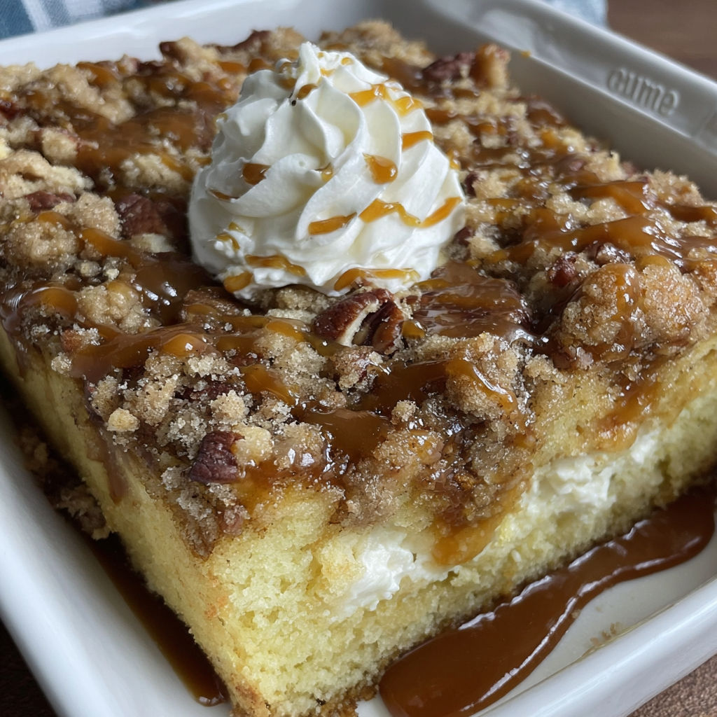 A slice of cake with a dollop of whipped cream on top.