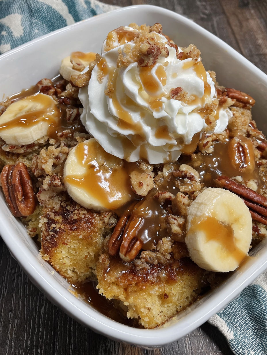 A bowl of banana crumb cake with whipped cream on top.
