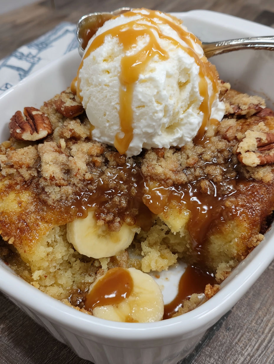 A bowl of banana crumb cake with a scoop of ice cream on top.