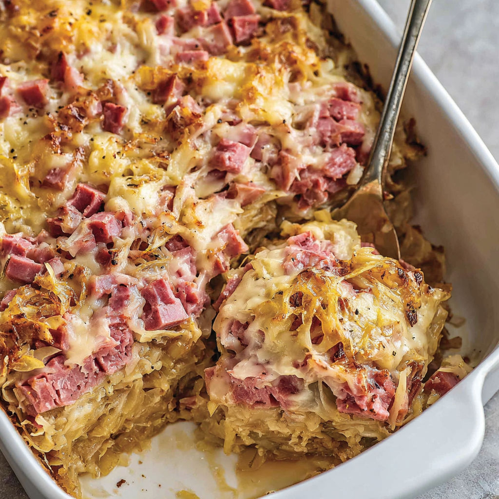 A close up of a Reuben Casserole.
