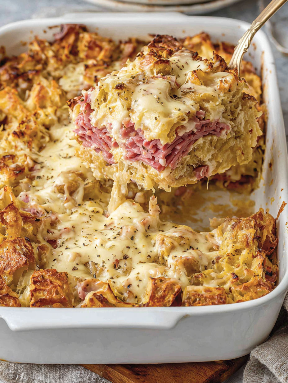 A close up of a Reuben Casserole.