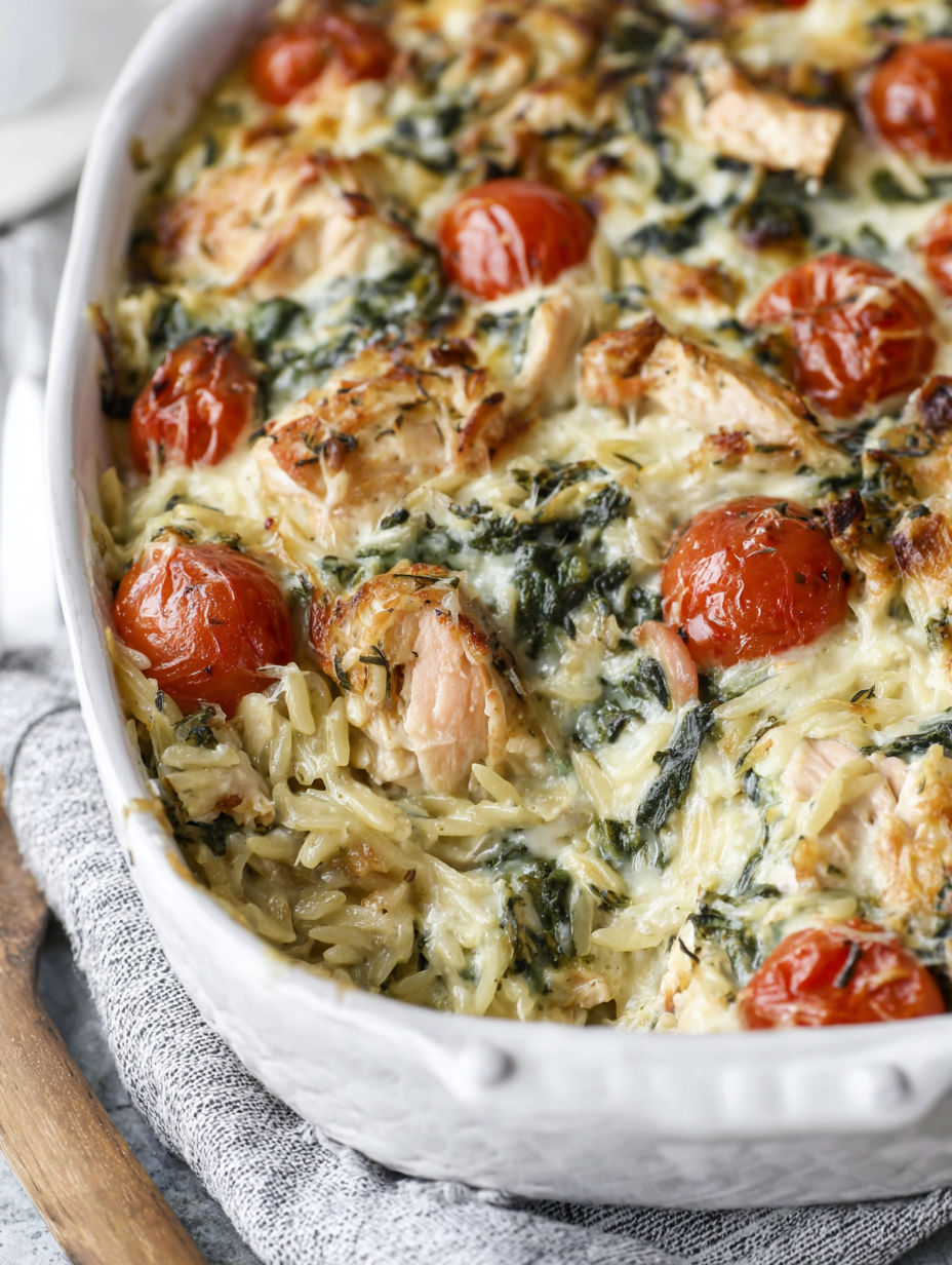 A dish of Orzo Tuscan Chicken Bake.