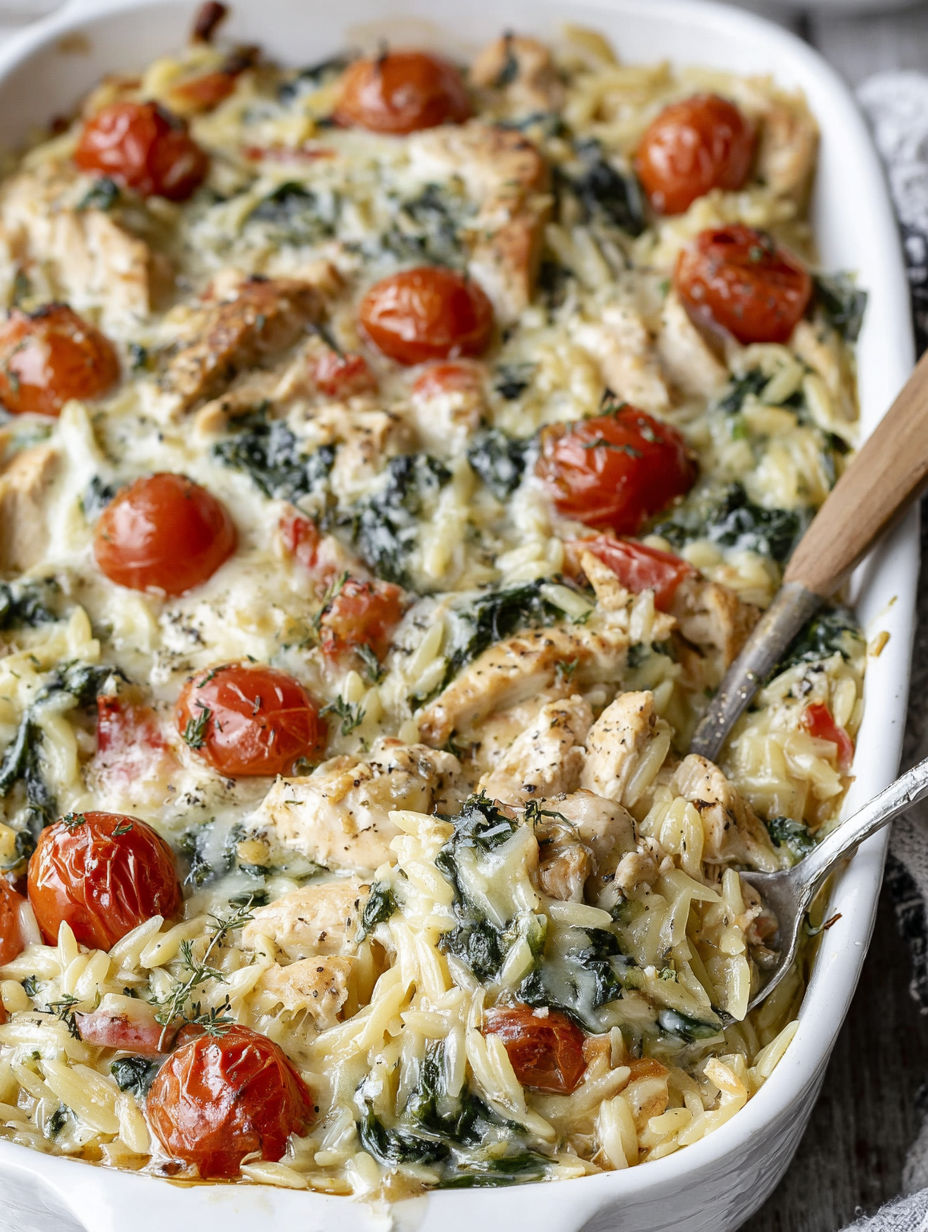 A delicious Orzo Tuscan Chicken Bake.