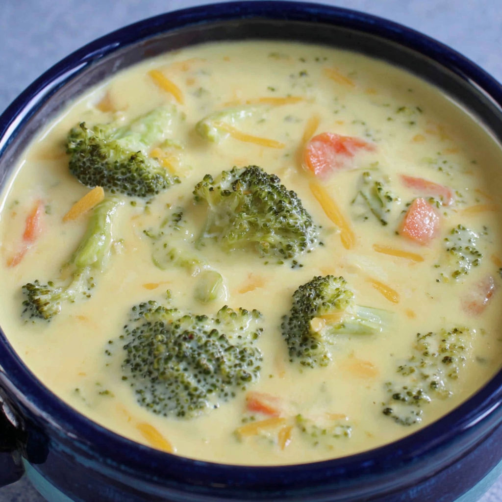 A bowl of soup with broccoli and cheese.