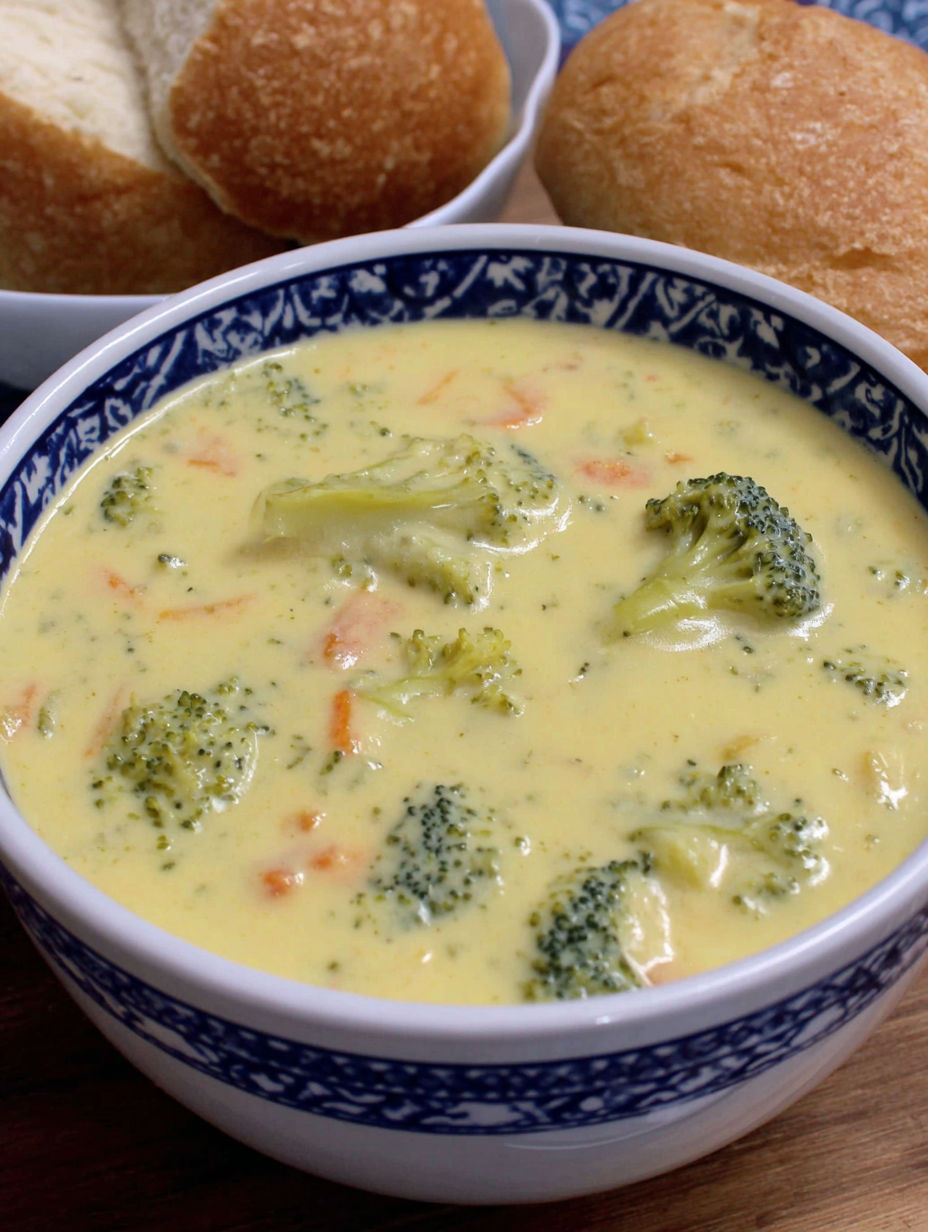 A bowl of broccoli cheddar soup.