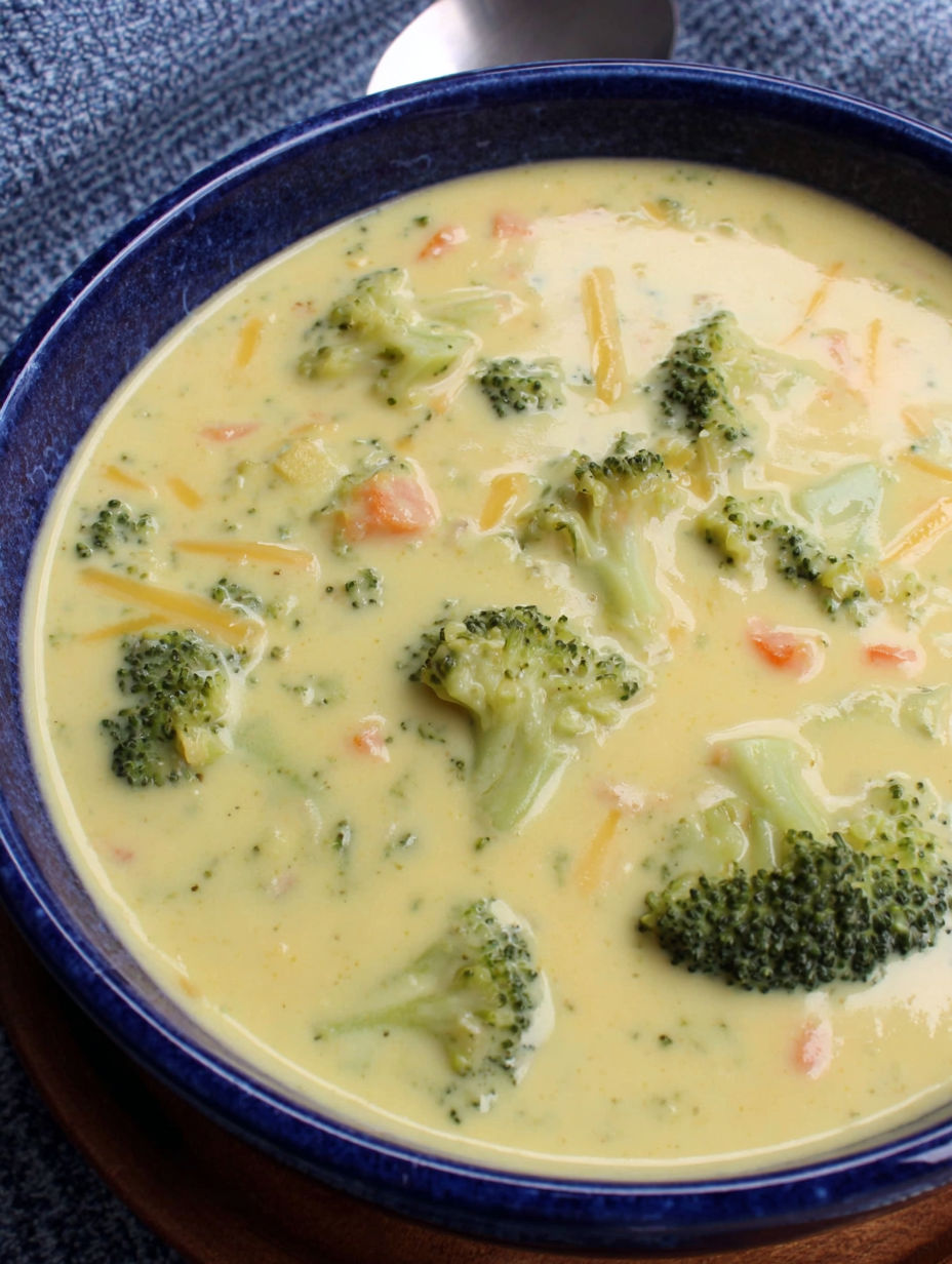A bowl of broccoli cheddar soup.