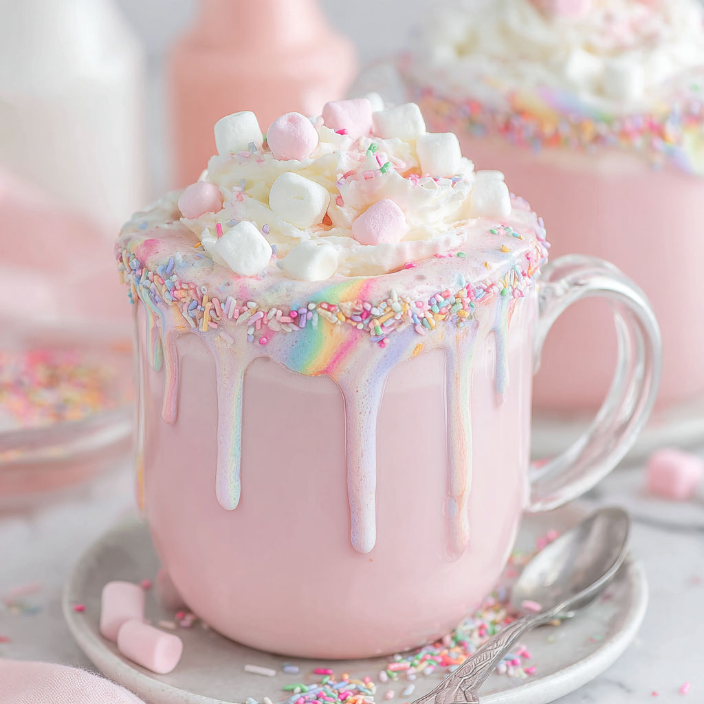 A pink cup of Unicorn Hot Chocolate with marshmallows.