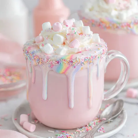 A pink cup of Unicorn Hot Chocolate with marshmallows.