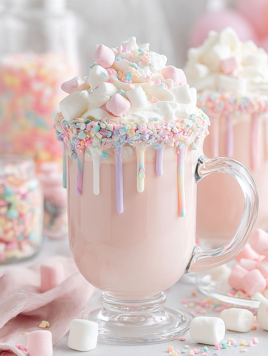 A glass of pink unicorn hot chocolate.