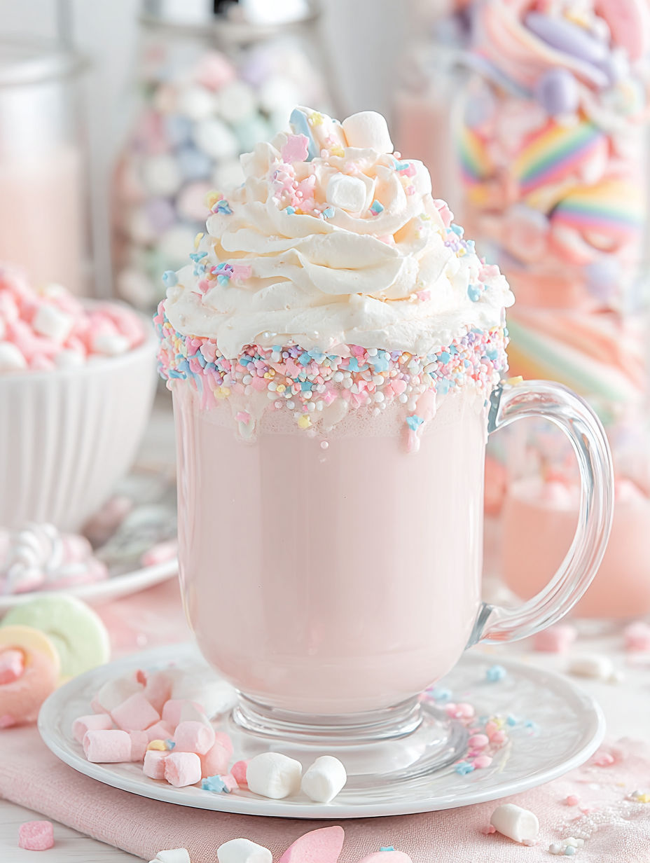 A glass of pink unicorn hot chocolate with whipped cream.