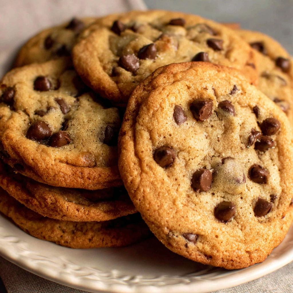 A plate of chocolate chip cookies.