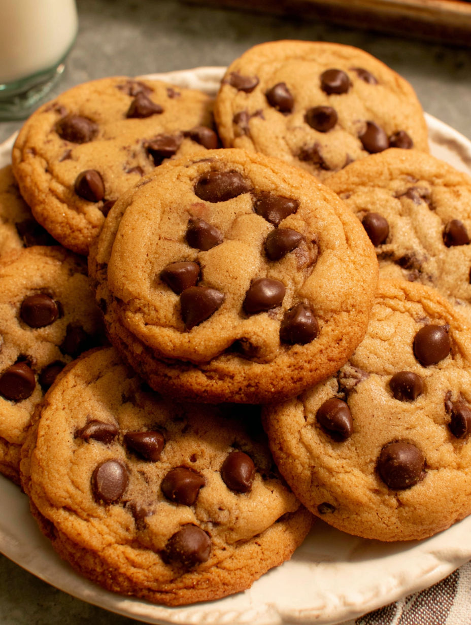 A plate of chocolate chip cookies.