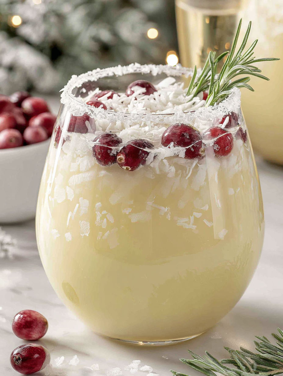 A glass of white Christmas punch with cranberries and coconut.