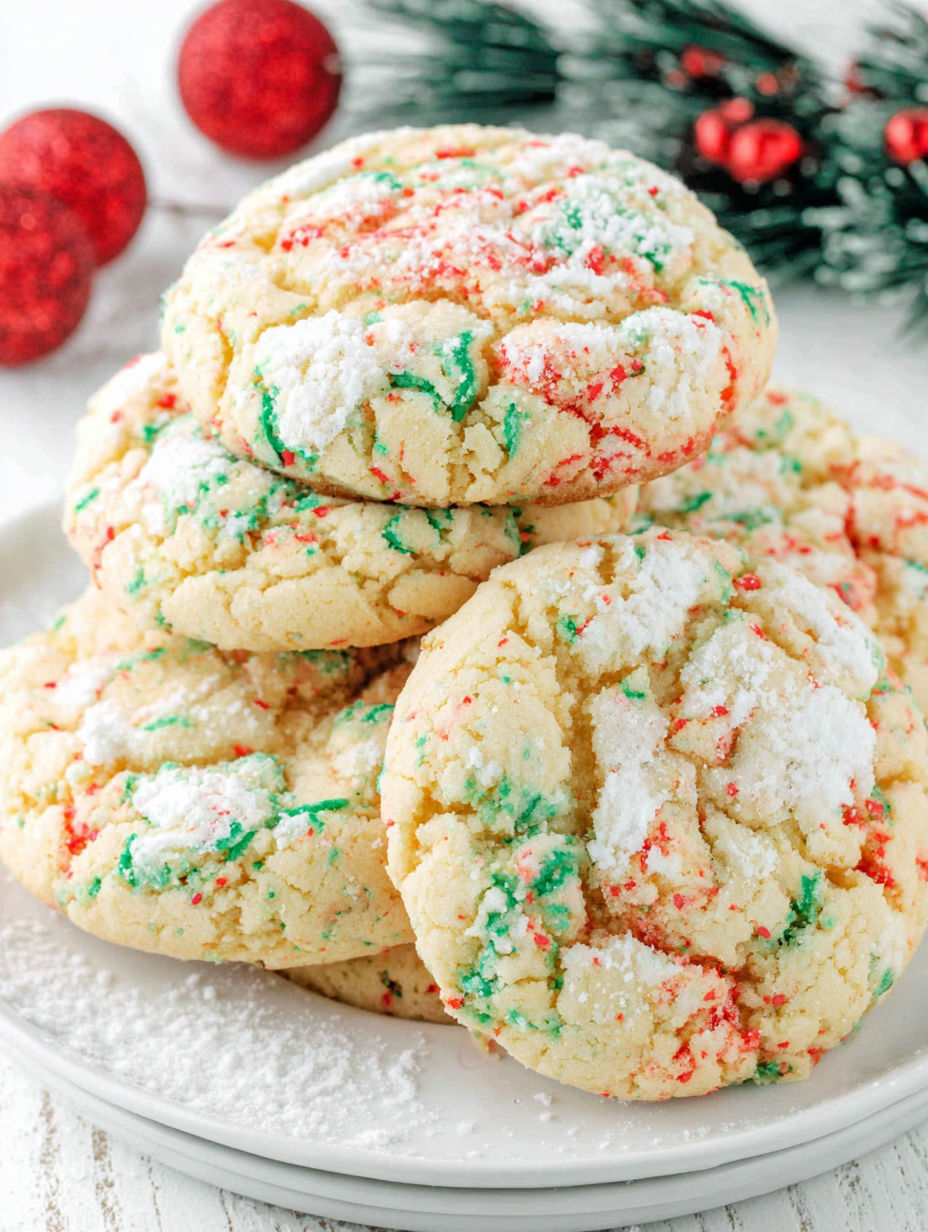 A stack of Christmas cookies with white and red sprinkles.