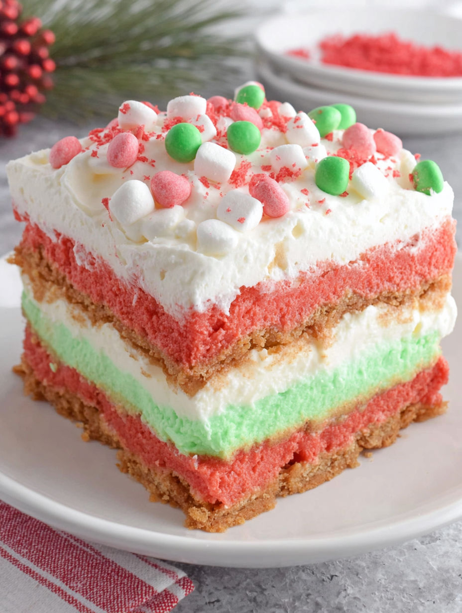 A slice of Christmas lasagna dessert.