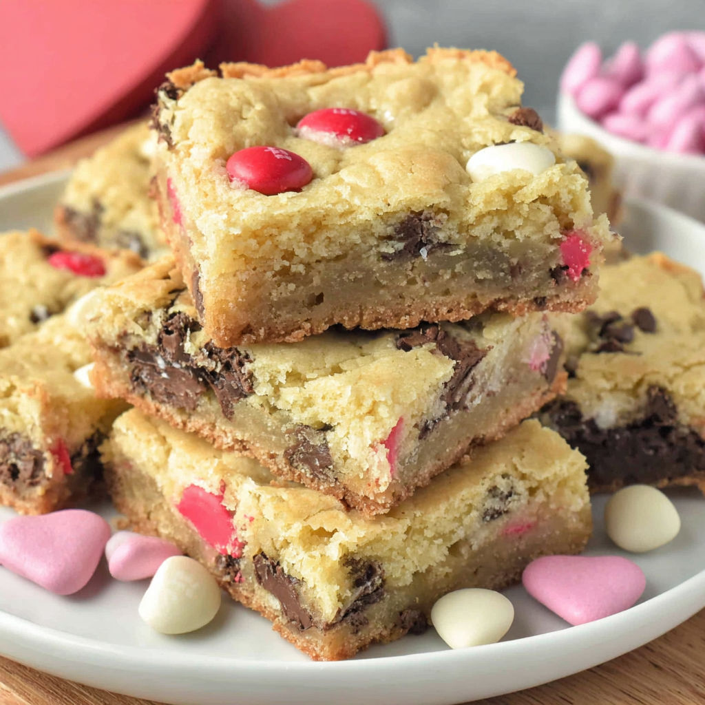 A stack of chocolate chip cookies with red and white hearts on top.