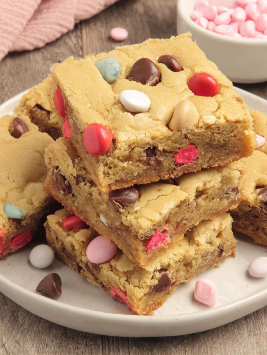 A stack of chocolate chip cookies with red and pink sprinkles.