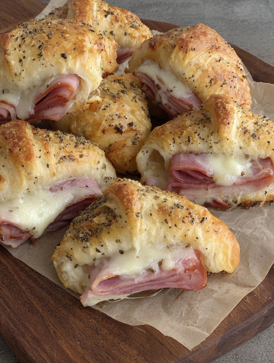 A plate of ham and cheese croissants.
