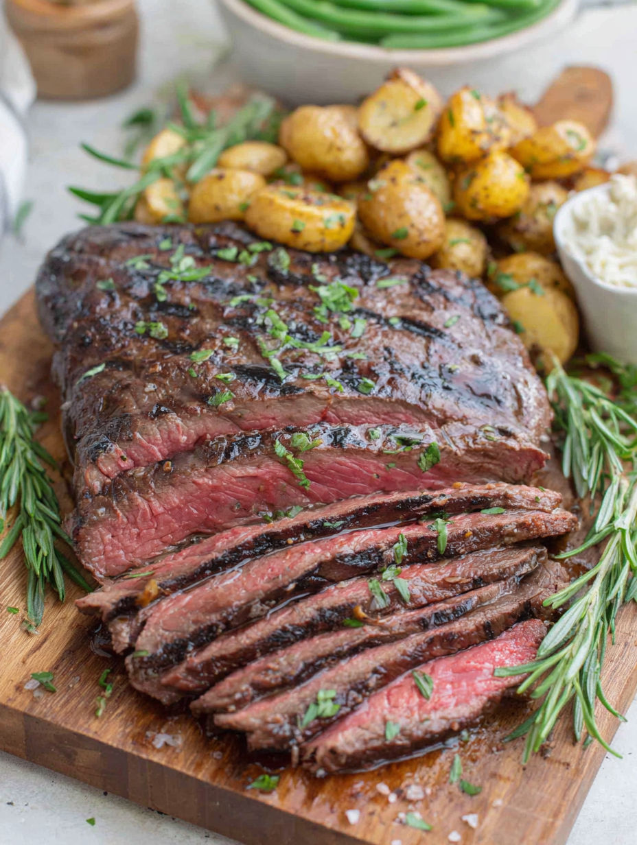 A London Broil steak with potatoes and herbs.