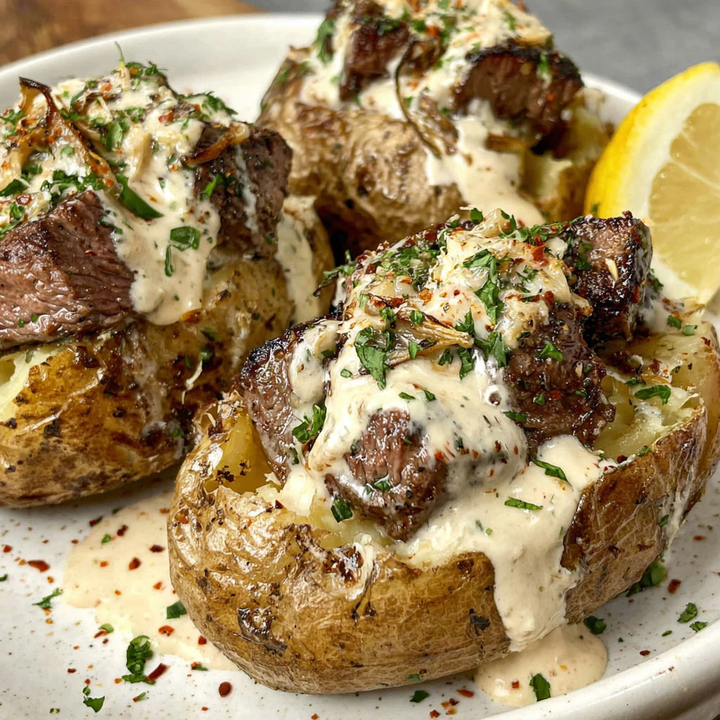 A loaded baked potato with steak bites.
