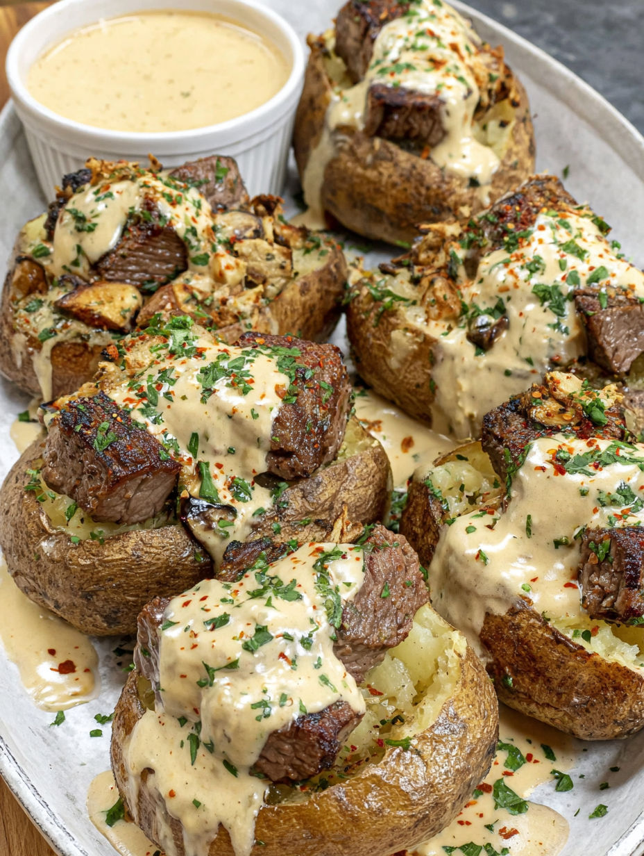 A plate of loaded baked potatoes with steak bites.
