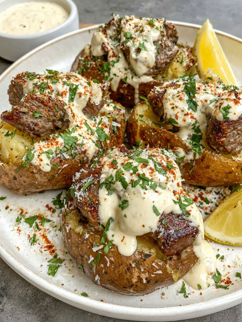 A plate of loaded baked potatoes with steak bites.