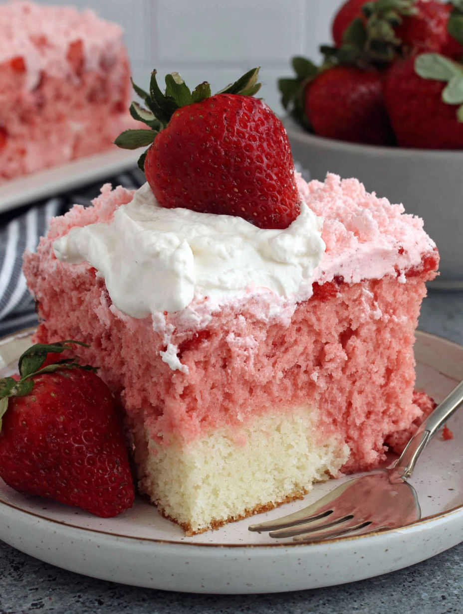 A slice of cake with strawberries on top.