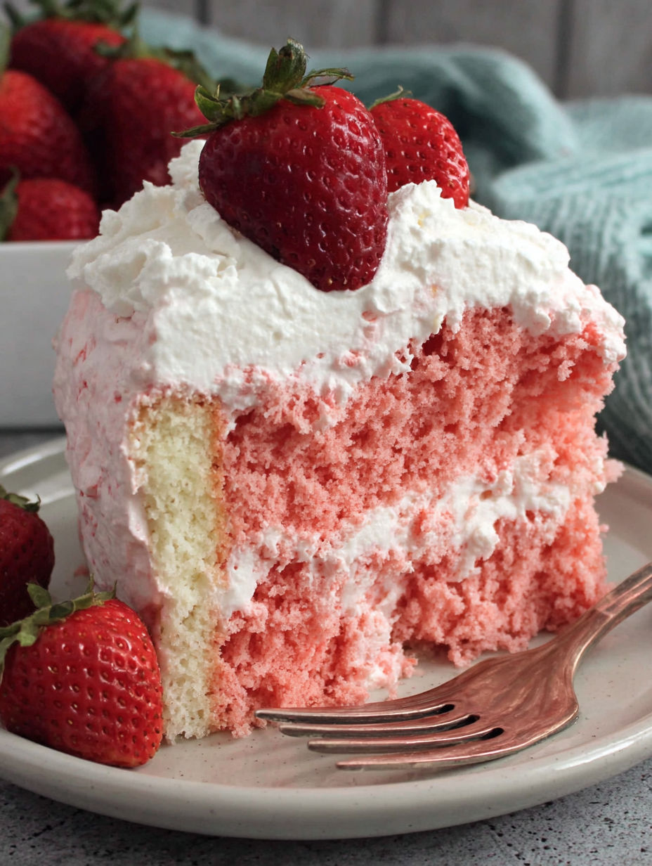 A slice of pink cake with white frosting and strawberries on top.
