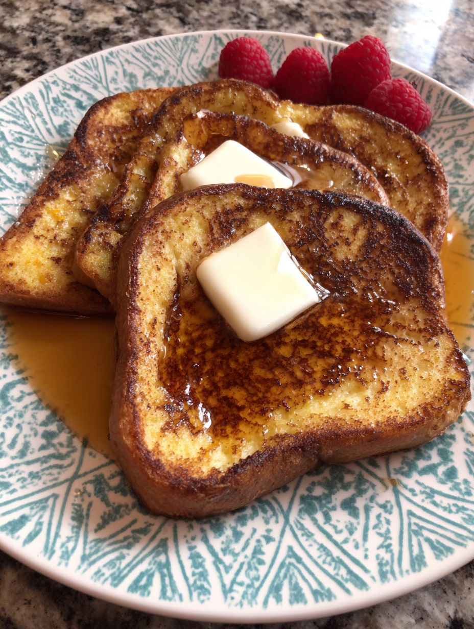 French toast with butter and raspberries.