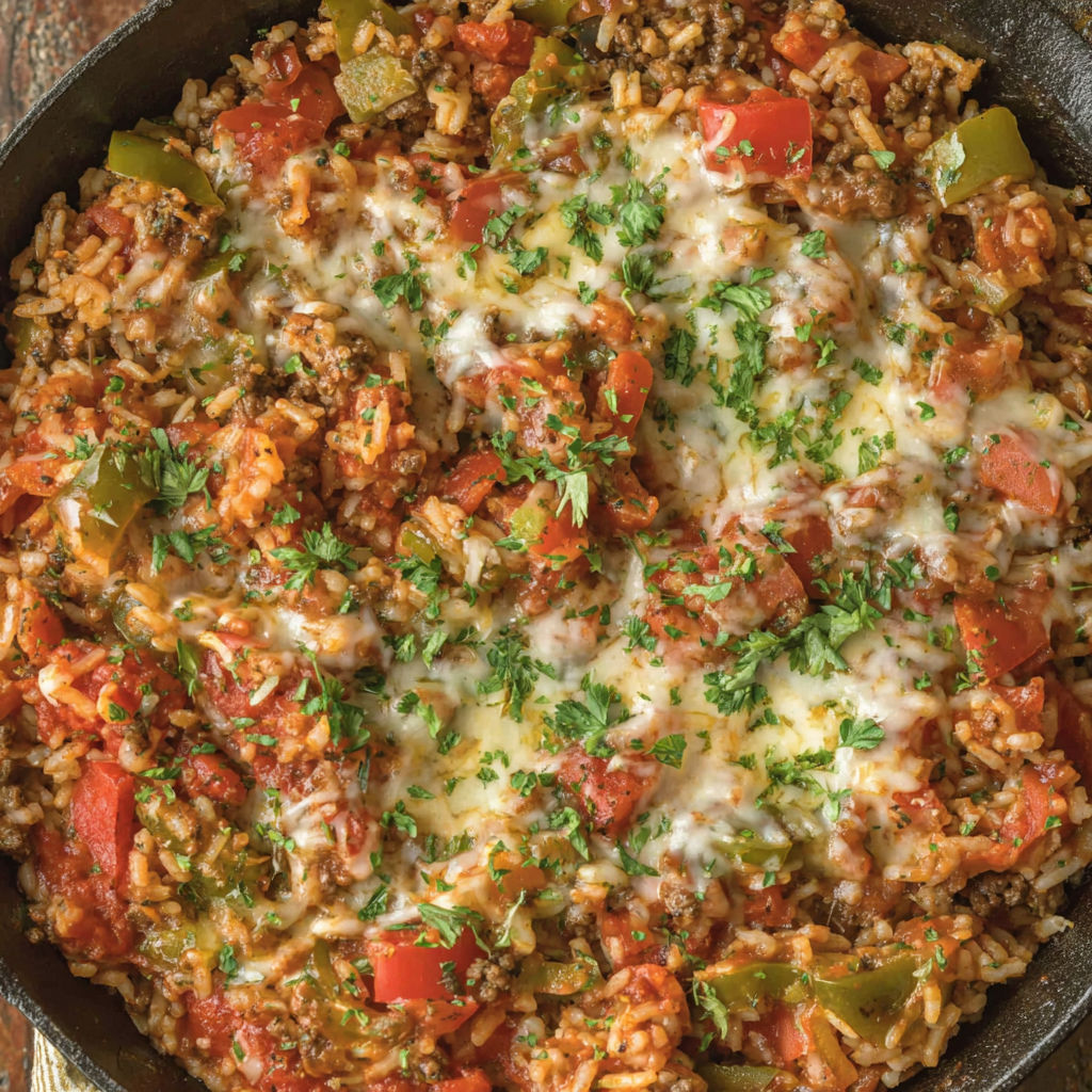 A close up of a delicious stuffed pepper casserole.