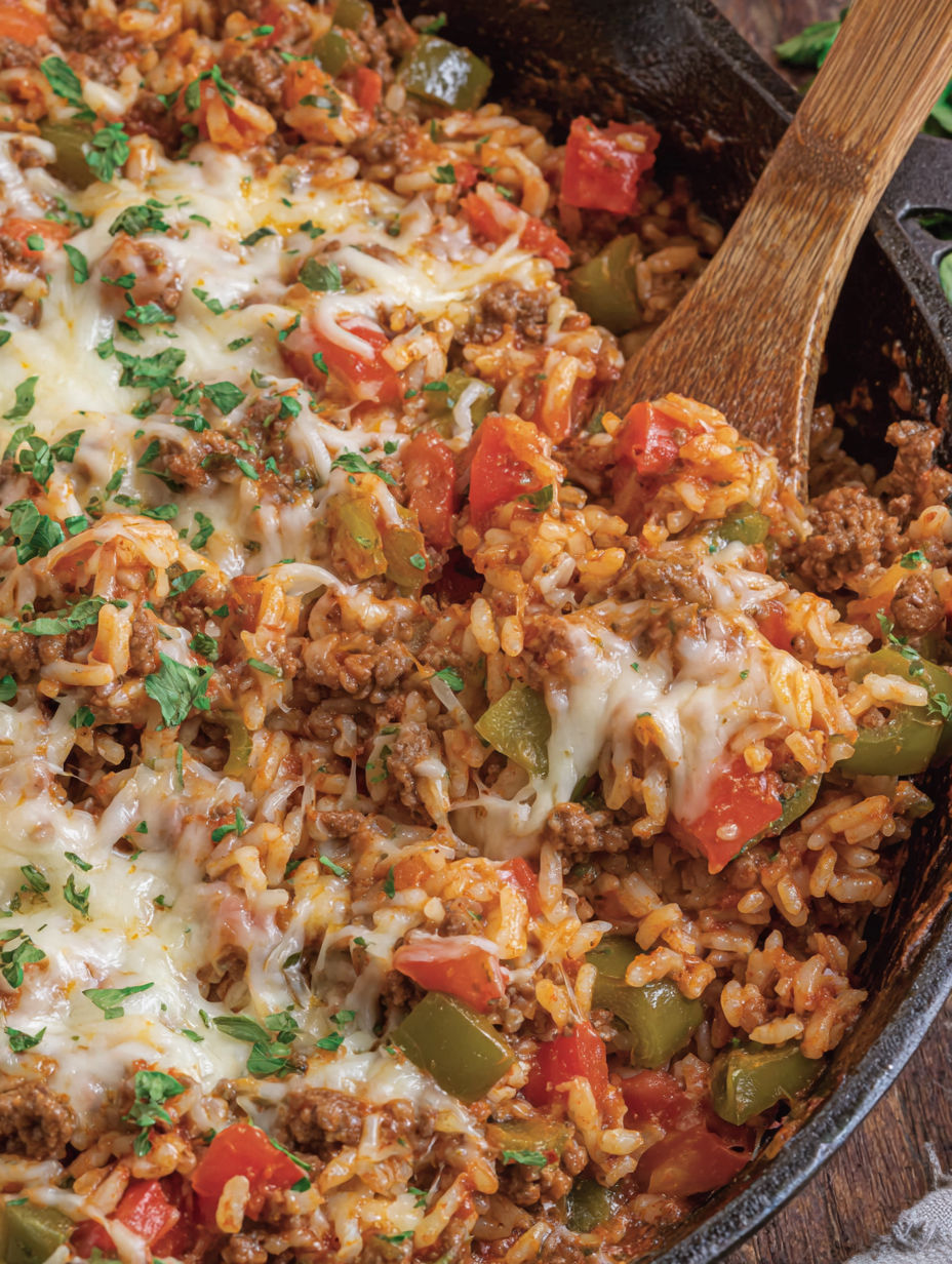 A close up of a delicious stuffed pepper casserole.