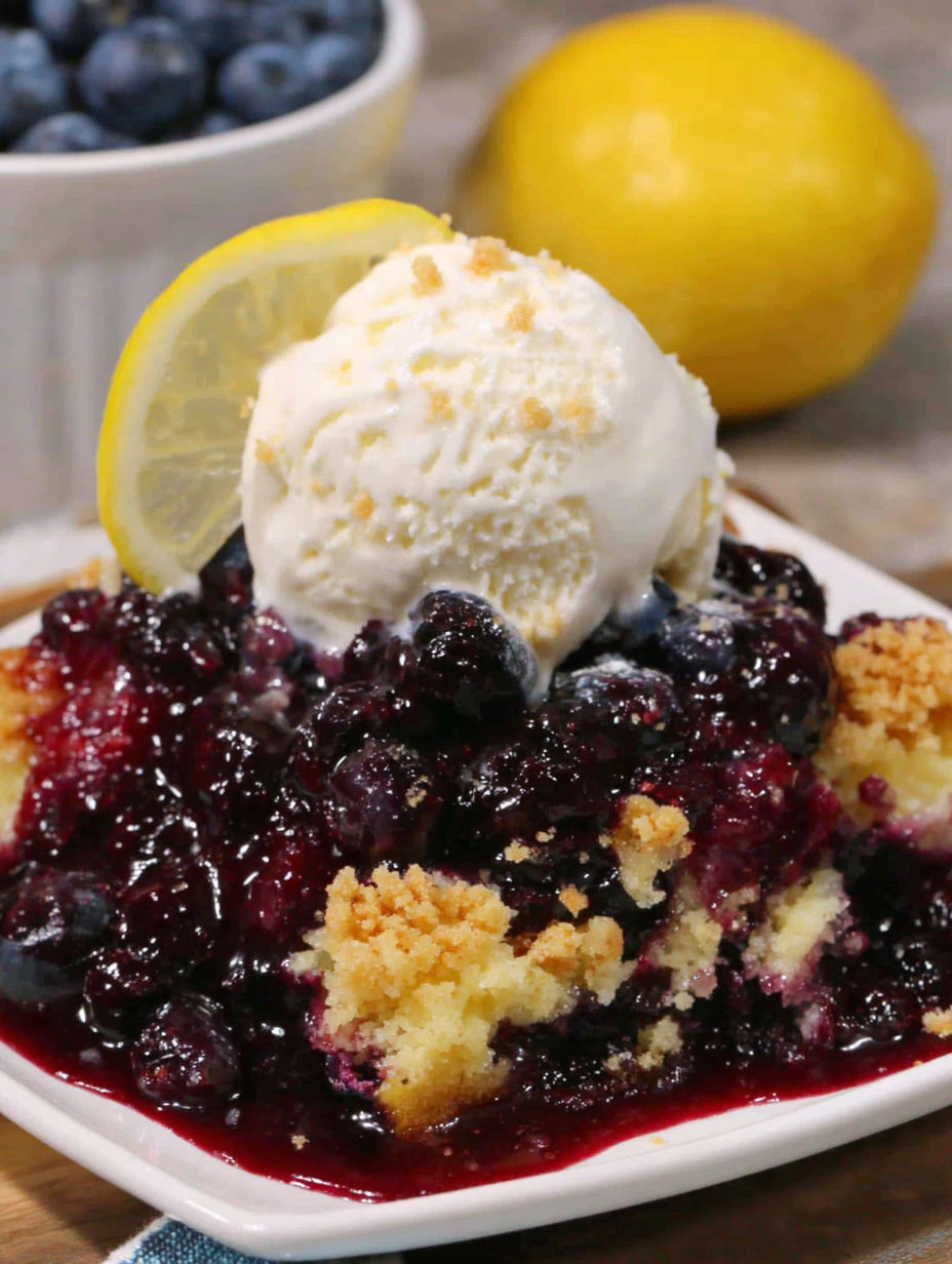 A slice of lemon blueberry dump cake.