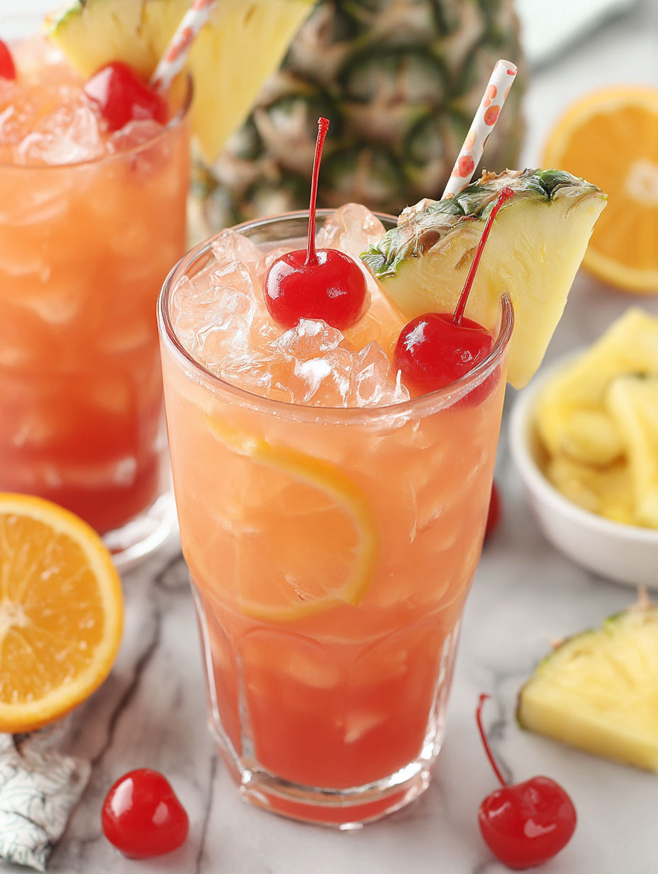 A glass of pink drink with cherries and a pineapple.