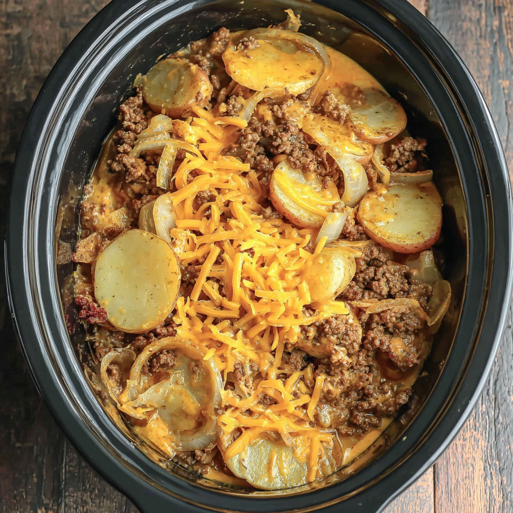A crock pot filled with a hamburger potato casserole.
