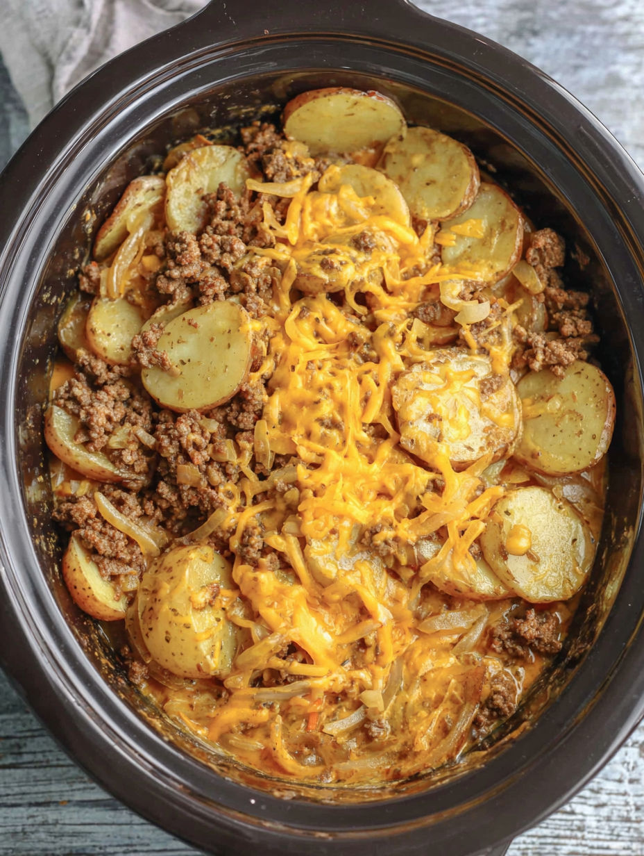 A crock pot hamburger potato casserole.