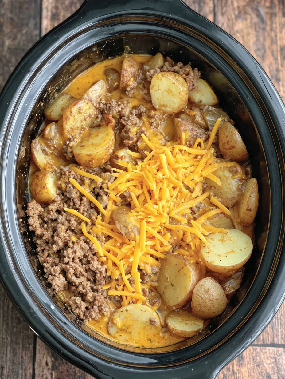 A crock pot filled with a hamburger potato casserole.