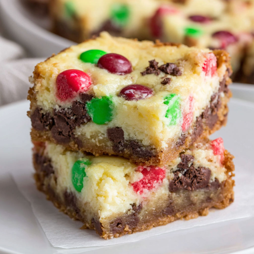 A stack of Christmas M&M cookie cheesecake bars.