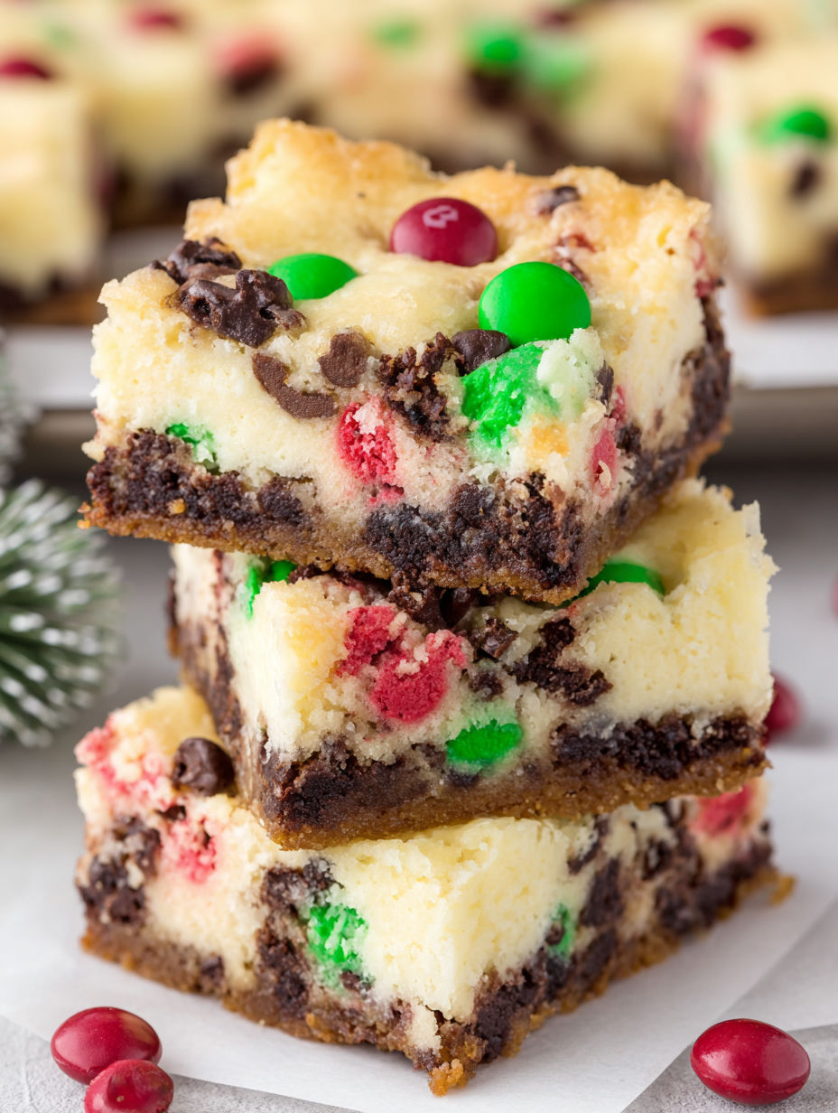A stack of Christmas M&M Cookie Cheesecake Bars.