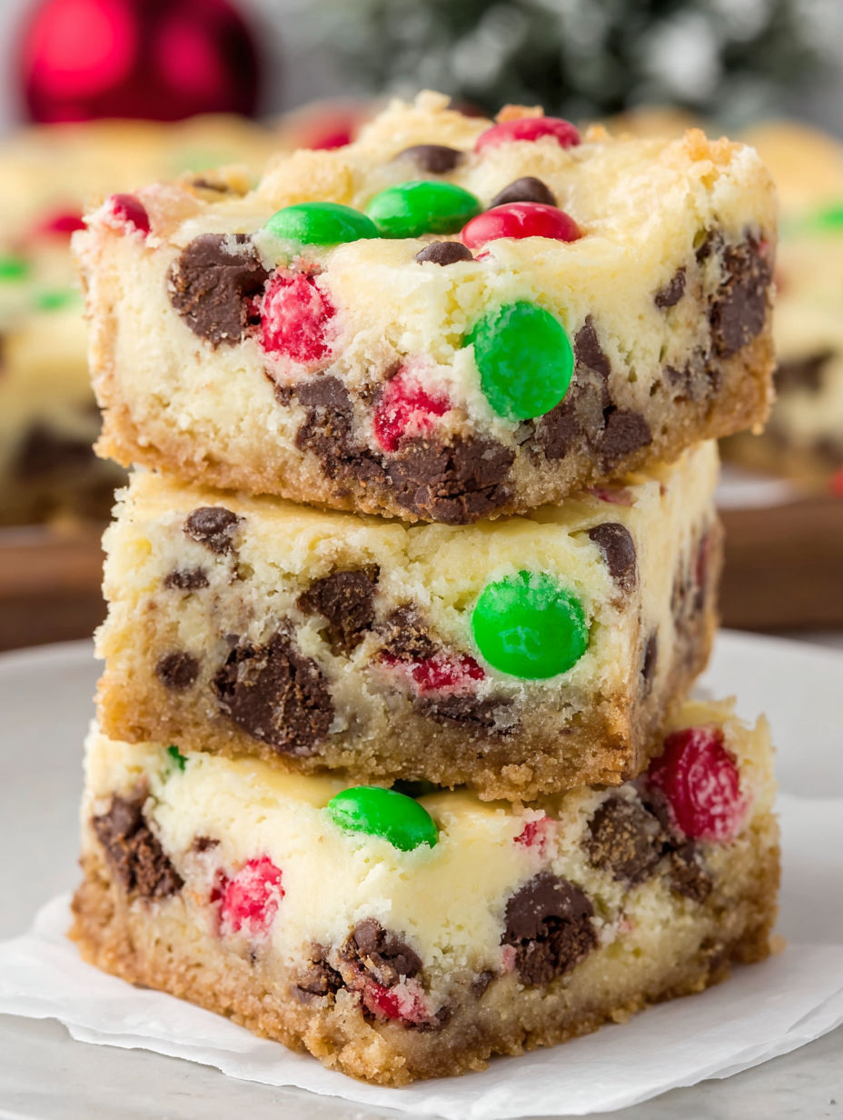 Three layers of M&M cookie cheesecake bars.