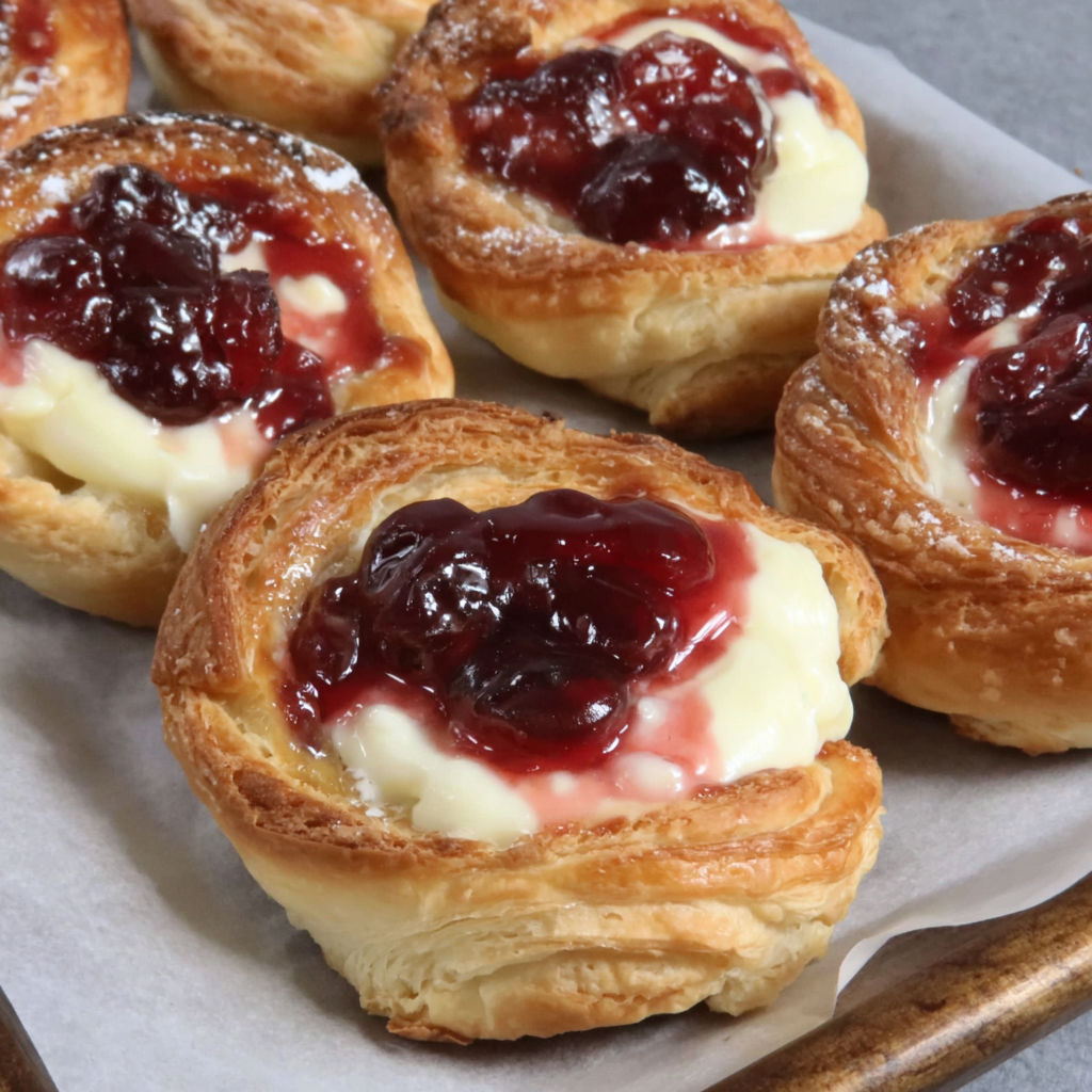 Four small pastries with cherries and cream.